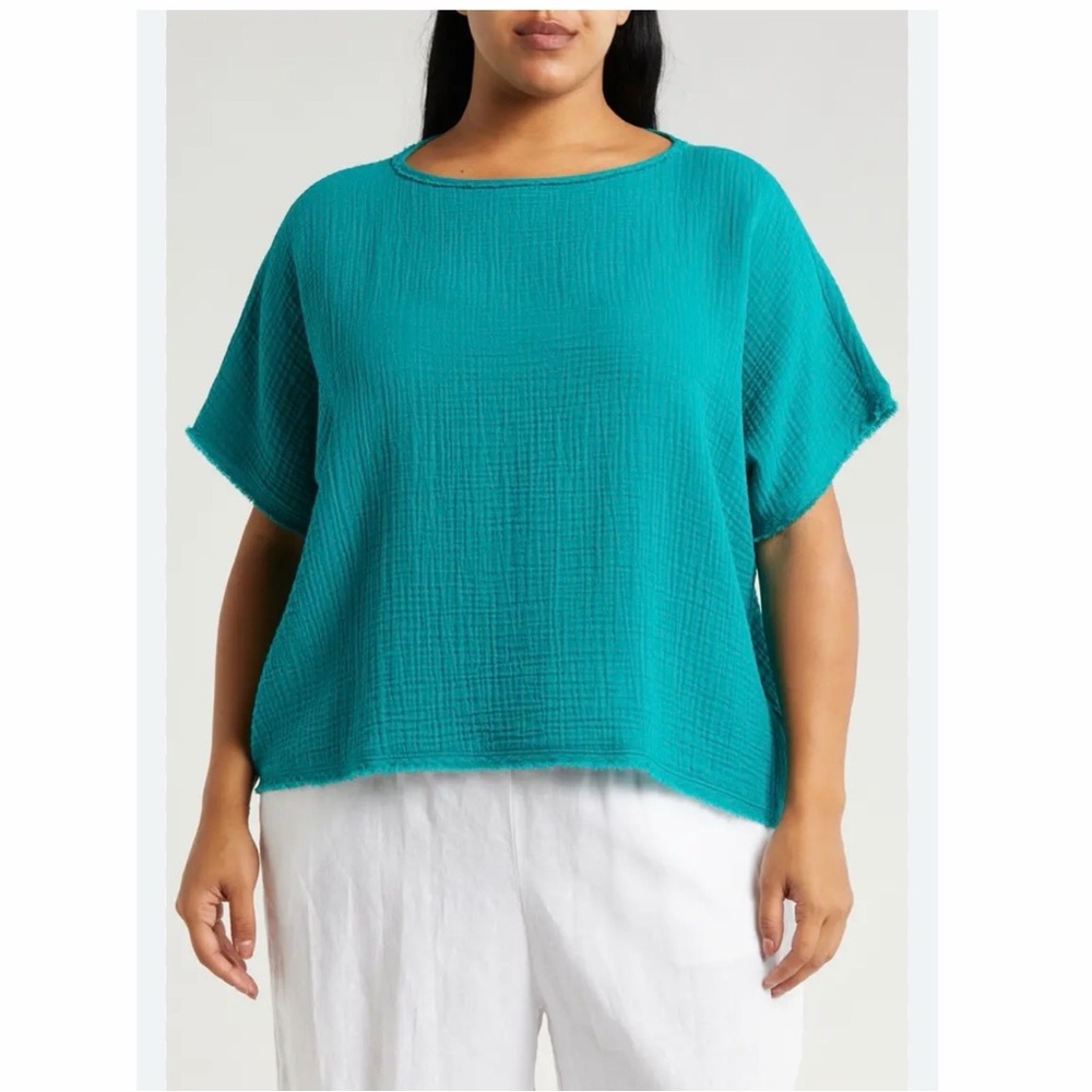 Eileen Fisher Teal Textured Boxy Short-Sleeve Top